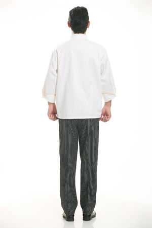 Wear all sorts of apron waiter standing in white backgroundの写真素材