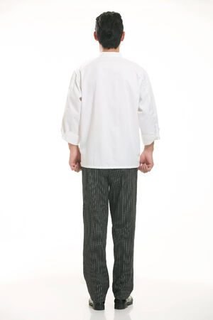 Wear all sorts of apron waiter standing in white backgroundの写真素材