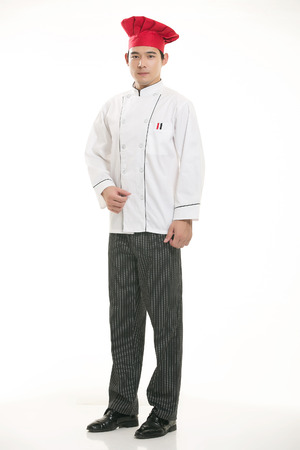 Wear all sorts of apron waiter standing in white backgroundの写真素材