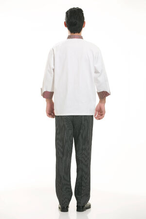 Wear all sorts of apron waiter standing in white backgroundの写真素材