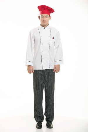 Wear all sorts of apron waiter standing in white backgroundの写真素材