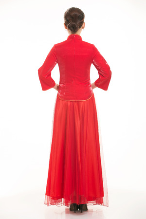 Wearing Chinese clothing waiter in front of a white backgroundの写真素材