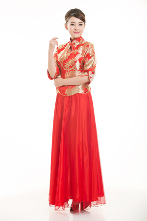 Wearing Chinese clothing waiter in front of a white backgroundの写真素材