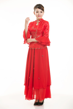 Wearing Chinese clothing waiter in front of a white backgroundの写真素材