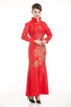 Wearing Chinese clothing waiter in front of a white backgroundの写真素材