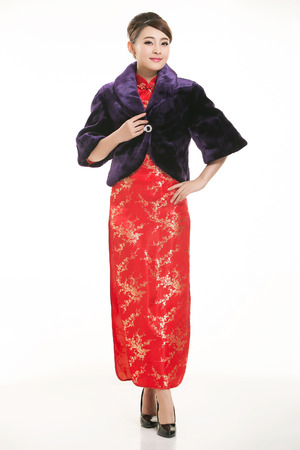 Wearing Chinese clothing waiter in front of a white backgroundの写真素材