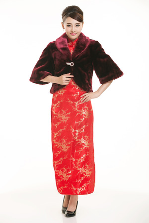 Wearing Chinese clothing waiter in front of a white backgroundの写真素材