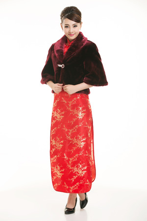 Wearing Chinese clothing waiter in front of a white backgroundの写真素材