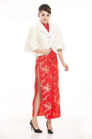 Wearing Chinese clothing waiter in front of a white backgroundの写真素材