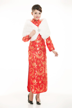 Wearing Chinese clothing waiter in front of a white backgroundの写真素材