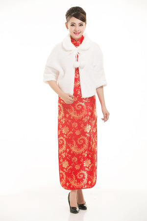 Wearing Chinese clothing waiter in front of a white backgroundの写真素材