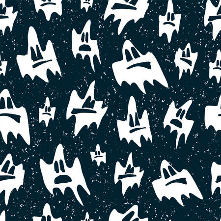 Halloween seamless pattern with ghosts silhouettes on dark-blue background for party invitation, postcard, banner, flyer. Hand drawn vector Illustration for celebration with positive, fun image.のイラスト素材