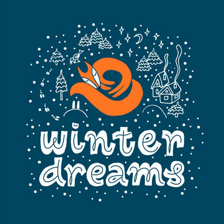 Winter illustration with sleeping orange fox, snow, trees and text Winter dreams on dark background for children's and New Year design postcard, banner, gift . Art vector for celebration and printshopのイラスト素材