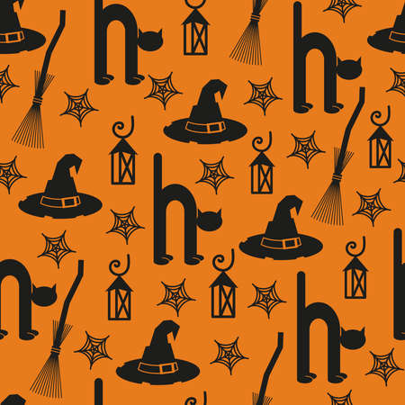 Halloween seamless pattern with cat, hat, lantern and broom silhouettes on orange background. Vector Illustration.のイラスト素材