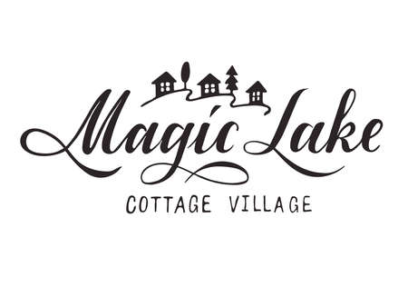 Hand written logo "Magic Lake" isolated on wtihe background for sticker, label, busines identity. Vector illustration.のイラスト素材