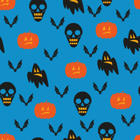 Halloween seamless pattern with pampkin, ghost and skulls silhouettes on blue background. Vector Illustration.のイラスト素材