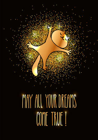 Greeting card with a cat bathing in money and a wish for the achievement of all dreams. Vector hand-drawn illustration with cartoon cat and shining gold on a black background for celebration design.のイラスト素材