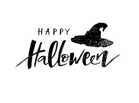 Â«Happy HalloweenÂ» hand written lettering in black-white style whith drawn hat for party invitation, postcard, sticker,badge, greeting card. Vector Illustration for celebration with positive, fun imageのイラスト素材