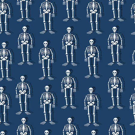 Halloween seamless pattern with skeleton silhouettes on blue background. Vector Illustration.のイラスト素材