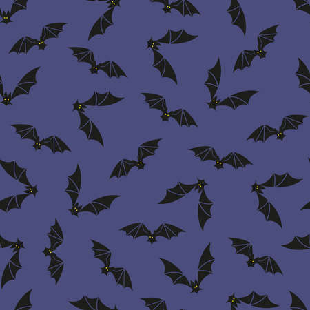 Halloween seamless pattern with bat silhouettes on violet background. Vector Illustration.のイラスト素材