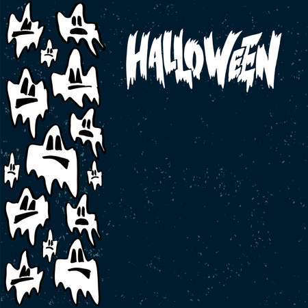 Â«HalloweenÂ» hand written lettering on dark blue background with white ghosts - template for party invitation, poster, banner, flyer. Vector Illustration for celebration with positive, fun image.のイラスト素材