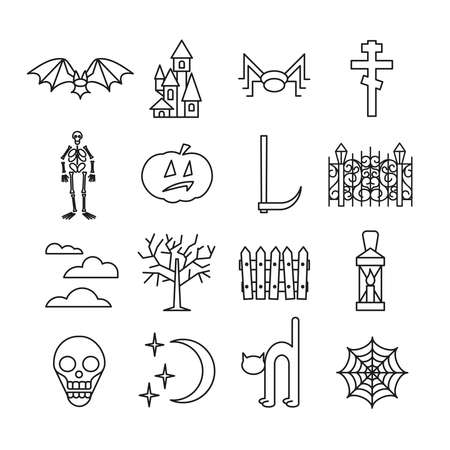 Halloween icon set in line art style isolated on white background. Vector Illustration.のイラスト素材