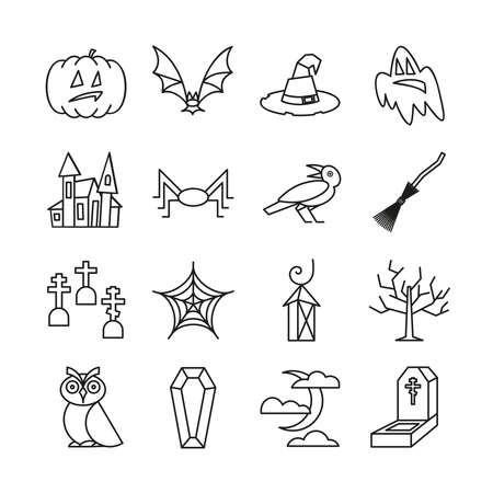 Halloween icon set in line art style isolated on white background. Vector Illustration.のイラスト素材