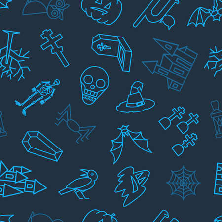 Halloween seamless pattern with pampkin, owl, skull, ghost, skeleton silhouettes on dark blue background. Vector Illustration.のイラスト素材