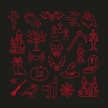 Halloween pictures set in lineart style. Red silhouettes on black background. Vector Illustration.のイラスト素材