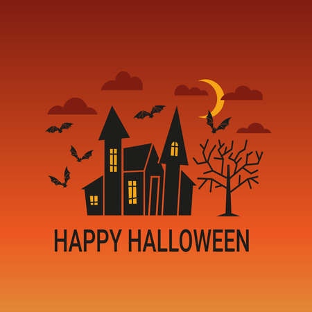 Halloween illustration with black silhouettes of house and bats on orange background.のイラスト素材