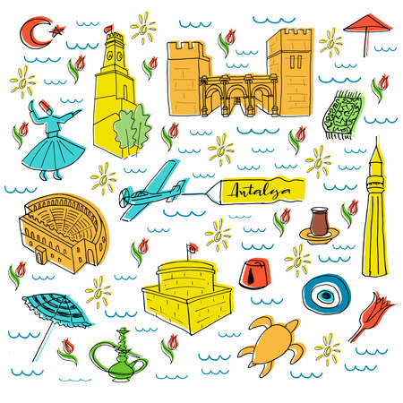Antalya city name and illustration with city sights isolated on white background for banner, sticker, souvenirs, booklet.のイラスト素材
