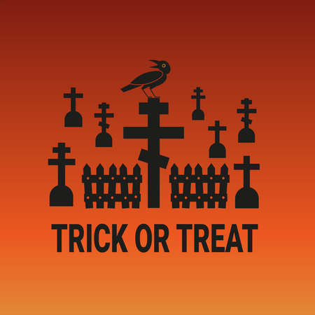 Halloween illustration with black silhouettes of graves on blend orange background.のイラスト素材