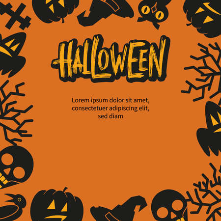 Halloween circle frame with black silhouettes around and hand drawn lettering on orange background.のイラスト素材