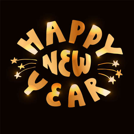 Â«Happy New YearÂ» hand drawn golden lettering isolated on black background for sticker, banner, poster, greeting card design. Vector Illustration for celebration.のイラスト素材