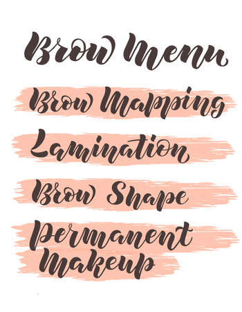 Hand written lettering Brow menu with name of services on pink brush background for flyer, web site, price list and decoration of beauty salon, brow bar. Vector illustration for beauty industryのイラスト素材