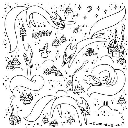 Set with little foxes and winter elements in cartoon style isolated on white background for children's coloring and New Year design postcard, banner, gift. Hand drown vector illustration.のイラスト素材