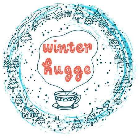 Lettering "Winter Hugge" in a steam cloud from cup of hot drink with winter elements around, isolated on white background for postcard, banner, notebook. Hand drawn vector illustration.のイラスト素材