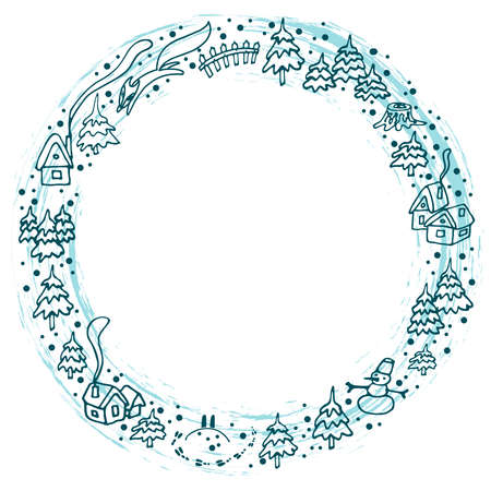 Winter frame with elements in a circle - trees, villagehouses, snow, fox, isolated on white background. Template for postcard, banner, notebook. Hand drawn vector illustration.のイラスト素材
