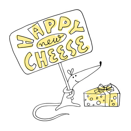 New year illustration with mouse - symbol of year 2020, and funny slogan Happy New Cheese in doodle style isolted on white background. Hand drown vector for celebration and printshopのイラスト素材