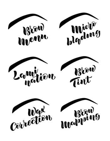 Hand written lettering with name of Brow Bar's services isolated on white background for flyer, web site, price list and decoration of beauty salon, brow bar. Vector illustration for beauty industryのイラスト素材