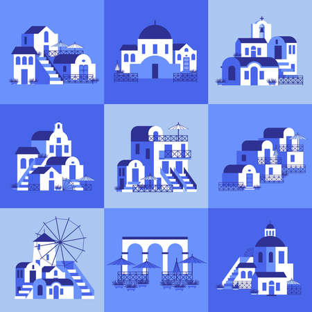Seamless pattern with blue-white houses, mill, church, arch, steps. Vector illustration in flat style for touristic industry.のイラスト素材