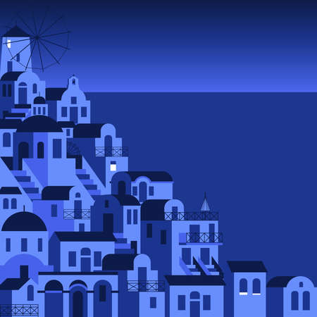 Night's blue-white houses on a high bank and sea background. Vector illustration in flat style for touristic industry.のイラスト素材