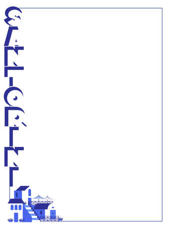 Template with Santorini city name, frame and city sights in blue-white color. Vector illustration in flat style for touristic industry.のイラスト素材