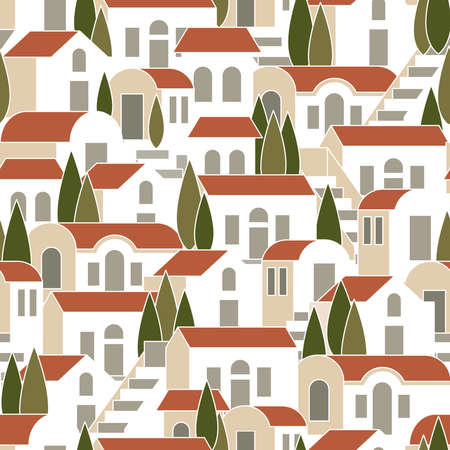 Seamless pattern with houses, steps and trees with white stroke. Vector illustration in flat style.のイラスト素材