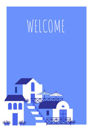 Postcard with blue-white houses and phrase in travel and holiday theme. Vector illustration in flat style for touristic industry.のイラスト素材