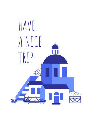 Postcard with blue-white houses and phrase in travel and holiday theme. Vector illustration in flat style for touristic industry.のイラスト素材