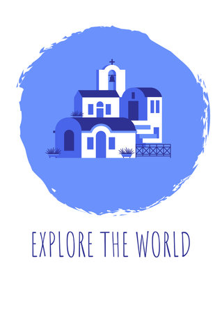 Postcard with blue-white houses and phrase in travel and holiday theme. Vector illustration in flat style for touristic industry.のイラスト素材
