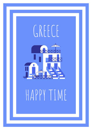 Postcard with blue-white houses and phrase in travel and holiday theme. Vector illustration in flat style for touristic industry.のイラスト素材
