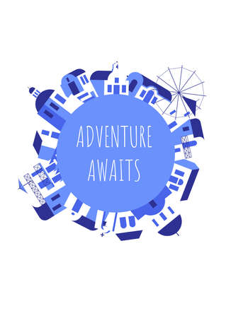 Postcard with blue-white houses and phrase in travel and holiday theme. Vector illustration in flat style for touristic industry.のイラスト素材