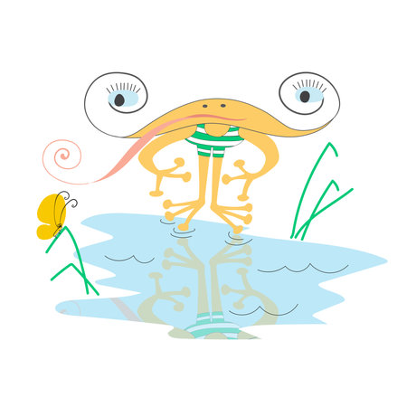 Little monster frog doing exercises by the lake. Unreal character. Hand-drawn vector children's illustration.のイラスト素材